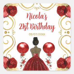 Birthday Party Dark Skin Princess in Red Square Sticker