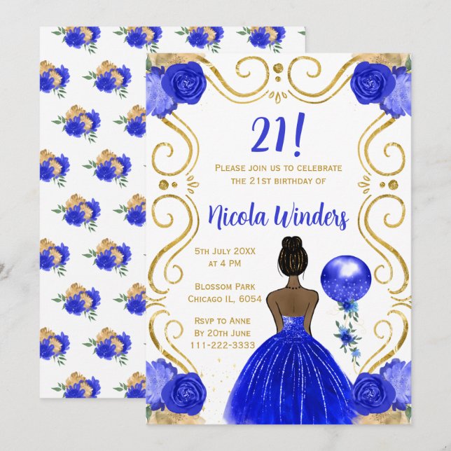 Birthday Party Dark Skin Princess in Royal Blue Invitation (Front/Back)