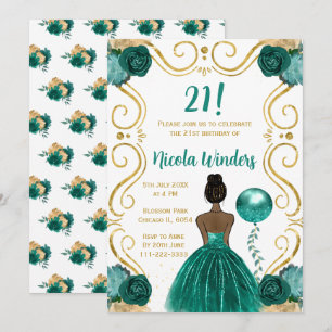 Birthday Party Dark Skin Princess in Teal Invitation