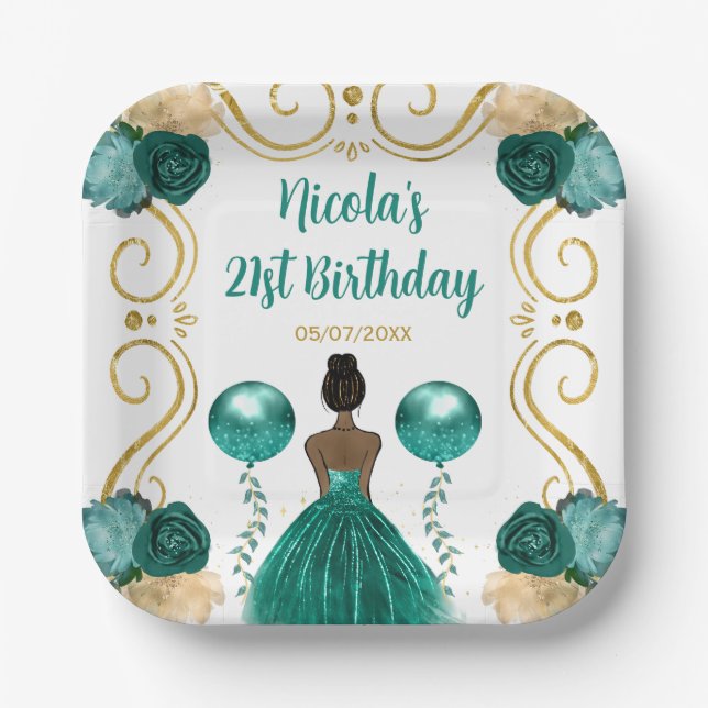 Birthday Party Dark Skin Princess in Teal Paper Plate (Front)