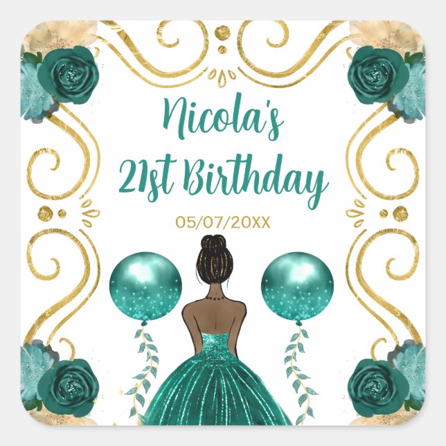 Birthday Party Dark Skin Princess in Teal Square Sticker (Front)