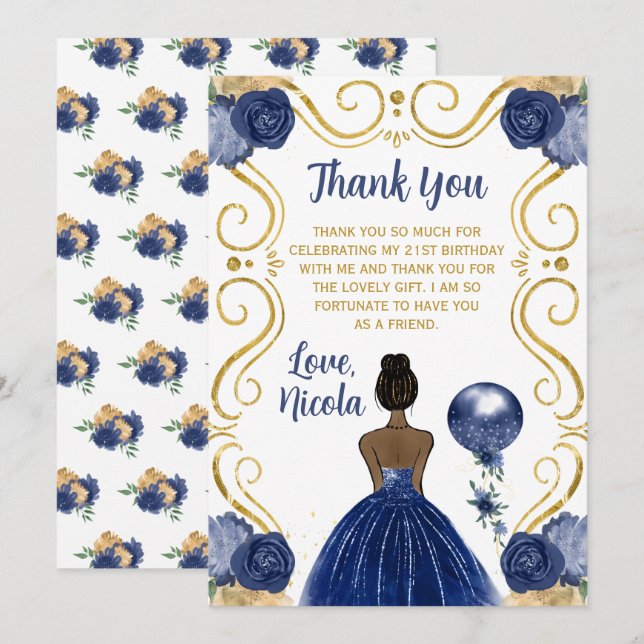 Birthday Party Dark Skin Princess Navy  Thank You Card (Front/Back)