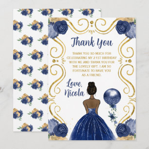 Birthday Party Dark Skin Princess Navy  Thank You Card