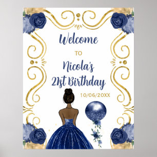 Birthday Party Dark Skin Princess Navy Welcome Poster