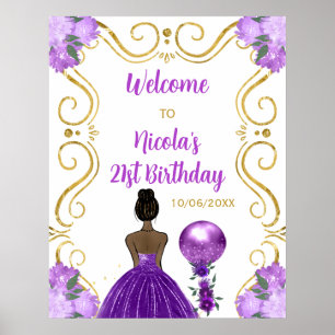 Birthday Party Dark Skin Princess Purple Welcome Poster