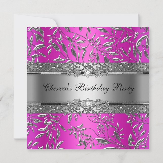 Birthday Party Diamond Hot Pink Floral Silver Invitation (Front)