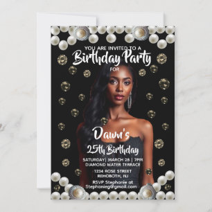 Birthday Party Diamond, & Pearl Photo Black Invitation
