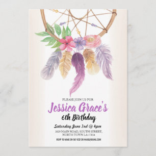 Birthday Party Dreamcatcher Purple Floral Invite