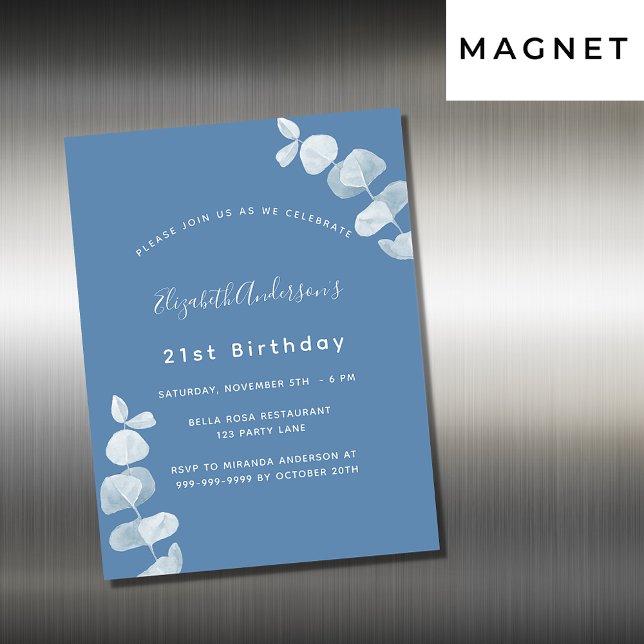 Birthday party dusty blue eucalyptus luxury magnetic invitation (Creator Uploaded)