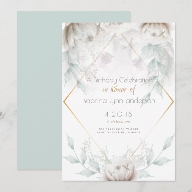 Birthday Party |  Elegant Alabaster White Peonies Invitation (Front/Back)