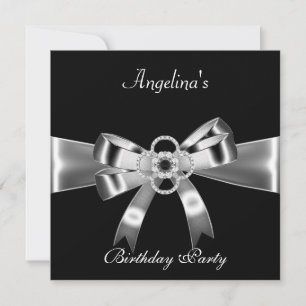 Birthday Party Elegant Black Silver Metal Bow 3 Invitation