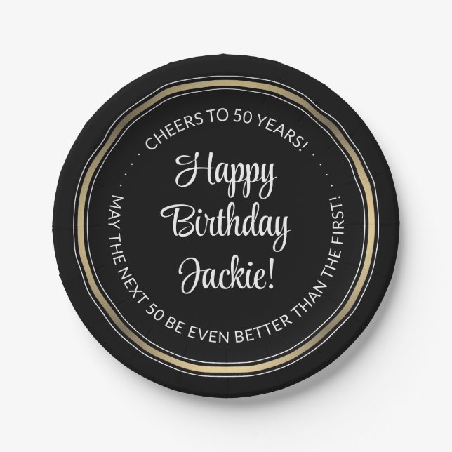 Birthday Party Elegant Black, White and Gold Round Paper Plate (Front)