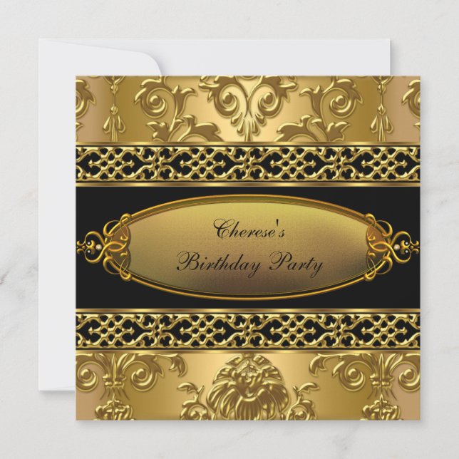 Birthday Party Elegant Damask Gold Black 3 Invitation (Front)