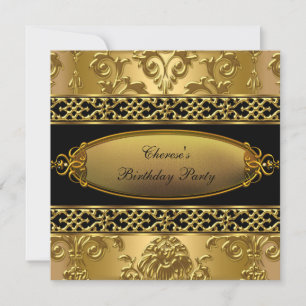 Birthday Party Elegant Damask Gold Black 3 Invitation