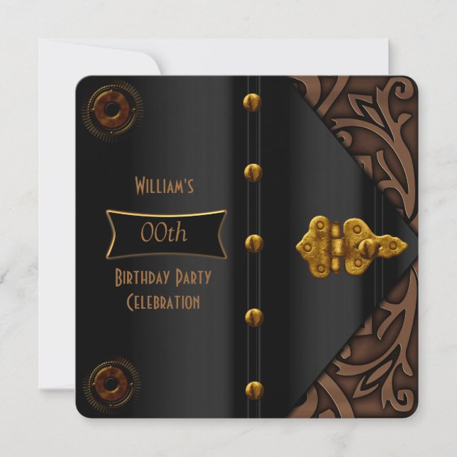 Birthday Party Elegant Gold Black Steampunk Invitation (Front)