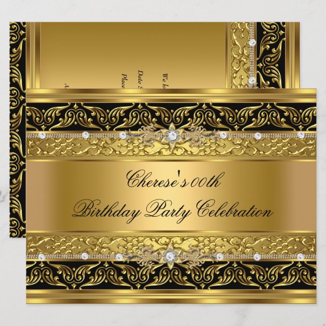 Birthday Party Elegant Gold Diamond Black Trim 3 Invitation (Front/Back)