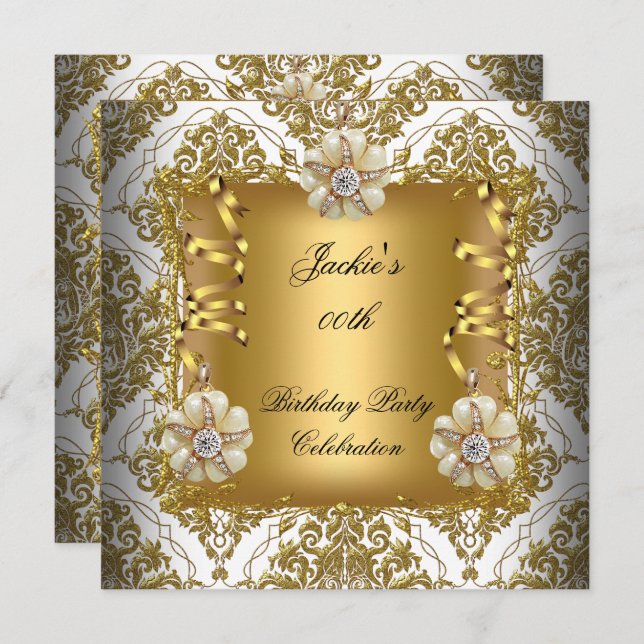 Birthday Party Elegant Gold White Silver Damask Invitation (Front/Back)