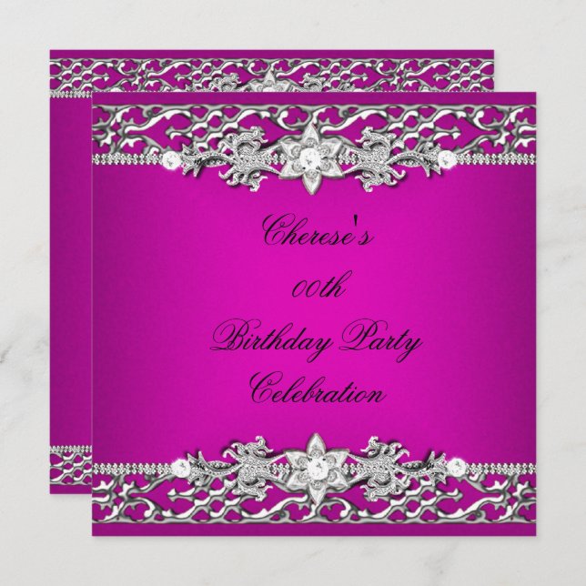 Birthday Party Elegant Hot Pink Silver Diamond Invitation (Front/Back)