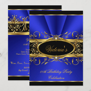 Birthday Party Elegant Royal Blue Gold Black Invitation