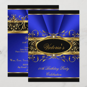 Birthday Party Elegant Royal Blue Gold Black Invitation