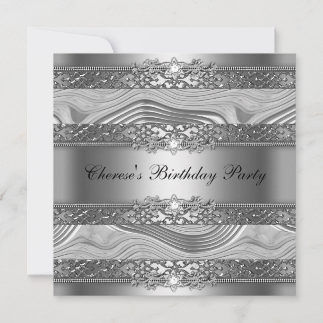 Birthday Party Elegant Silver Swirl Diamond Black Invitation (Front)