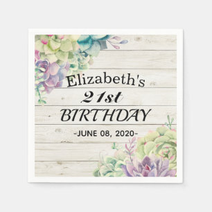Birthday Party Elegant Succulent Plant Rustic Wood Napkin