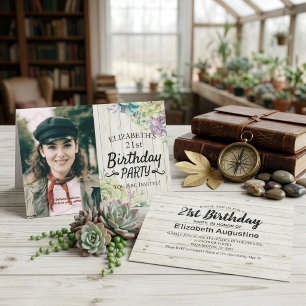 Birthday Party Elegant Succulent Plants Wood Photo Invitation