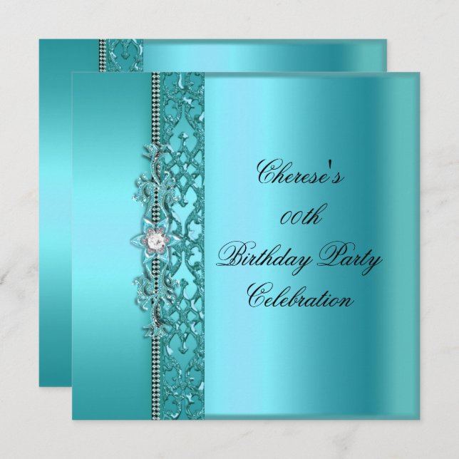 Birthday Party Elegant Teal Blue Diamond Invitation (Front/Back)