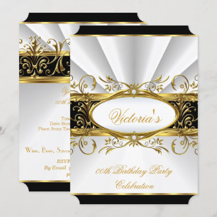 Birthday Party Elegant White Gold Floral Black 3 Invitation