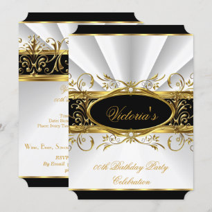 Birthday Party Elegant White Gold Floral Black 4 Invitation