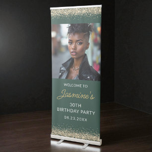 Birthday Party Emerald Green Gold Glitter Photo Retractable Banner