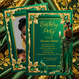 Birthday Party Emerald Green Gold high Heel Dress Invitation