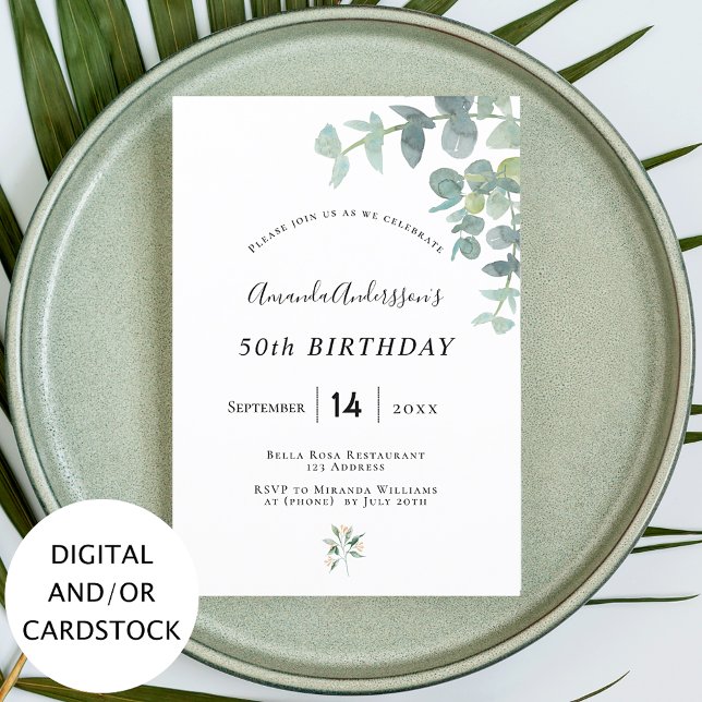 Birthday party eucaluptus geenery white elegant invitation (Creator Uploaded)