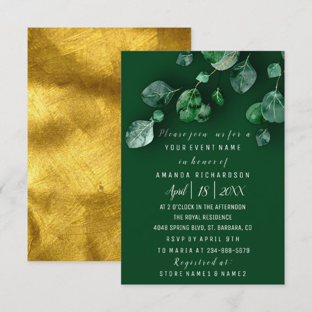 Birthday Party Eucalyptus Green Gold Woodland Invitation (Front/Back)