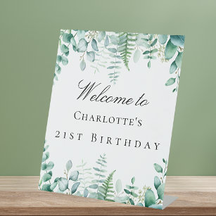 Birthday party eucalyptus greenery forest welcome pedestal sign