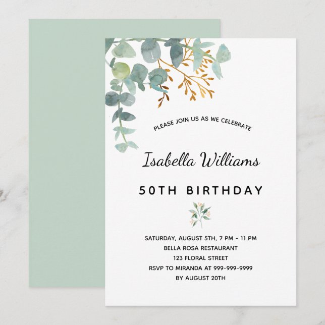 Birthday party eucalyptus white gold green elegant invitation (Front/Back)
