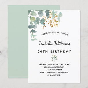 Birthday party eucalyptus white gold green elegant invitation