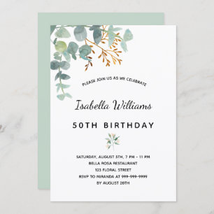 Birthday party eucalyptus white gold green elegant invitation