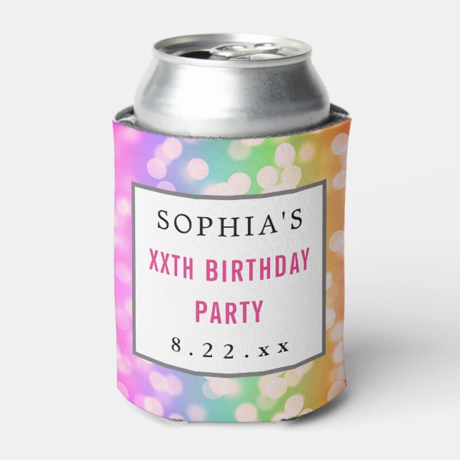 Birthday Party Favour Modern Typography Bokeh Can Cooler (Can Front)