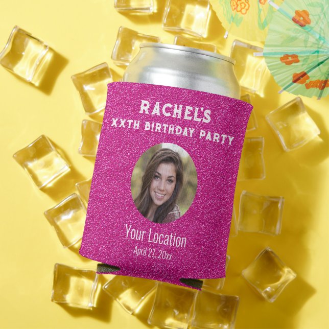 Birthday Party Favour Pink Glitter Photo Can Cooler (In Situ Summer)