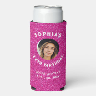 Birthday Party Favour Pink Glitter Photo Seltzer Can Cooler
