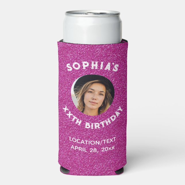 Birthday Party Favour Pink Glitter Photo Seltzer Can Cooler (Seltzer Front)