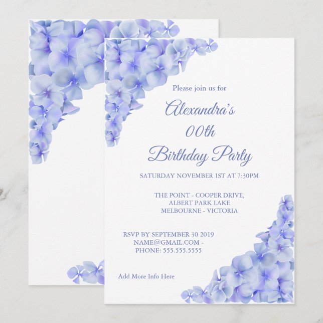 Birthday Party Floral Blue Hydrangeas White Invitation (Front/Back)