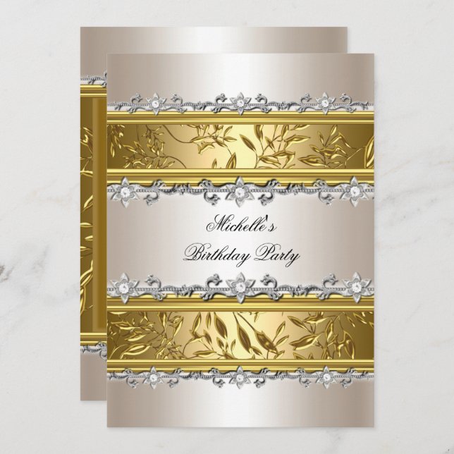 Birthday Party Floral Cream Gold Silver Diamond Invitation (Front/Back)