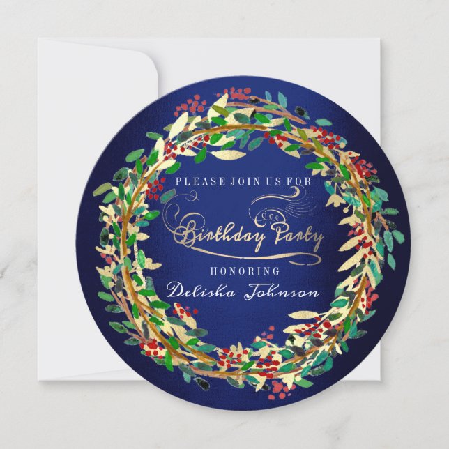 Birthday Party Floral Elegant Blue Navy Green Gold Invitation (Front)