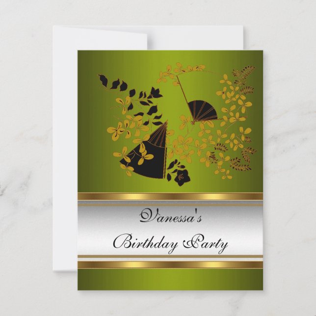 Birthday Party Floral Green White Black Gold Invitation (Front)