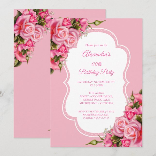 Birthday Party Floral Pink Roses Bouquet Invitation (Front/Back)