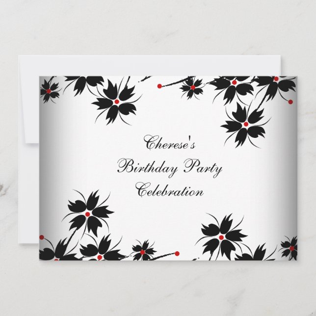 Birthday Party Floral Red Black White Invitation (Front)