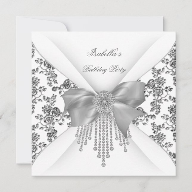 Birthday Party Floral Silver White Diamond Bow Invitation (Front)
