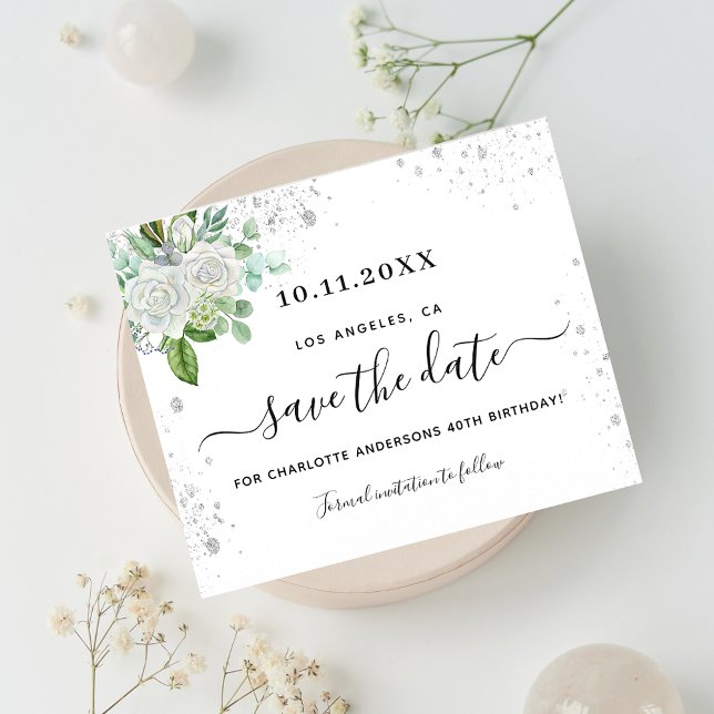 Birthday party floral white budget save the date  flyer (Creator Uploaded)